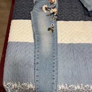 SHEIN Floral Embroidered Skinny Jeans - Light Blue